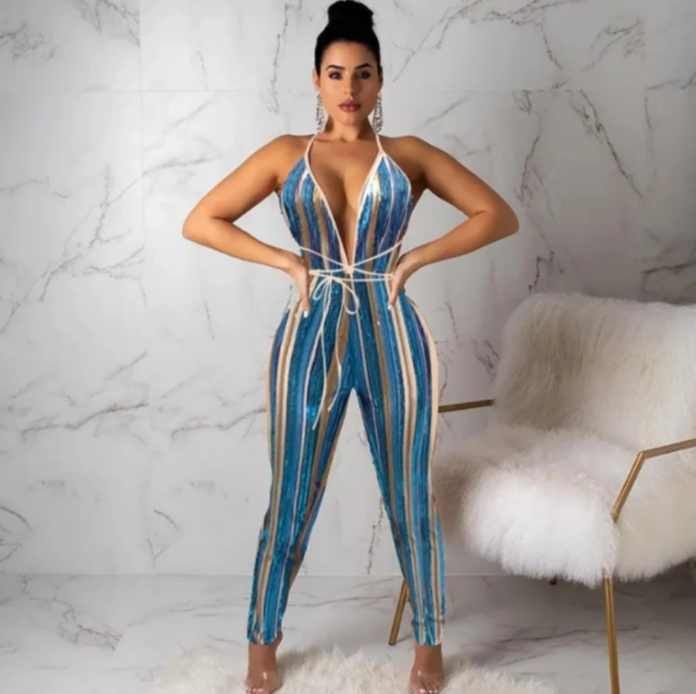 Women’s Vneck Sequin Halter Jumpsuit